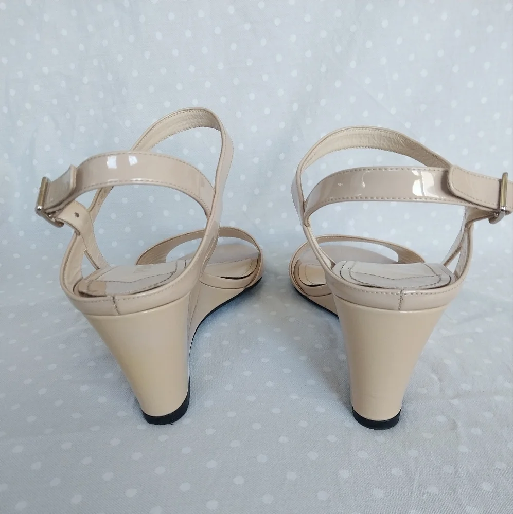 Prada Nude Patent Leather Ankle Slingback Wedge Sandals - Picture 8 of 12